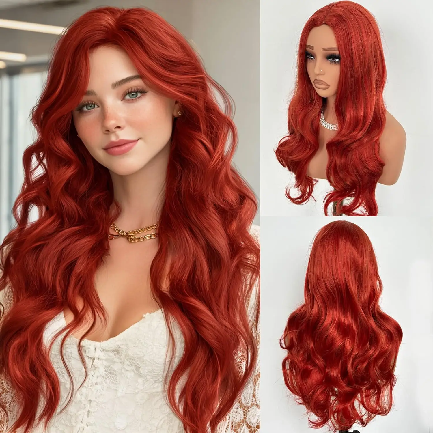 

Red Wigs for Women Long Curly Wavy Wigs Middle Part Synthetic Wig Womens Red Curly Wig Wavy Cosplay Wigs Natural Looking Hair Re