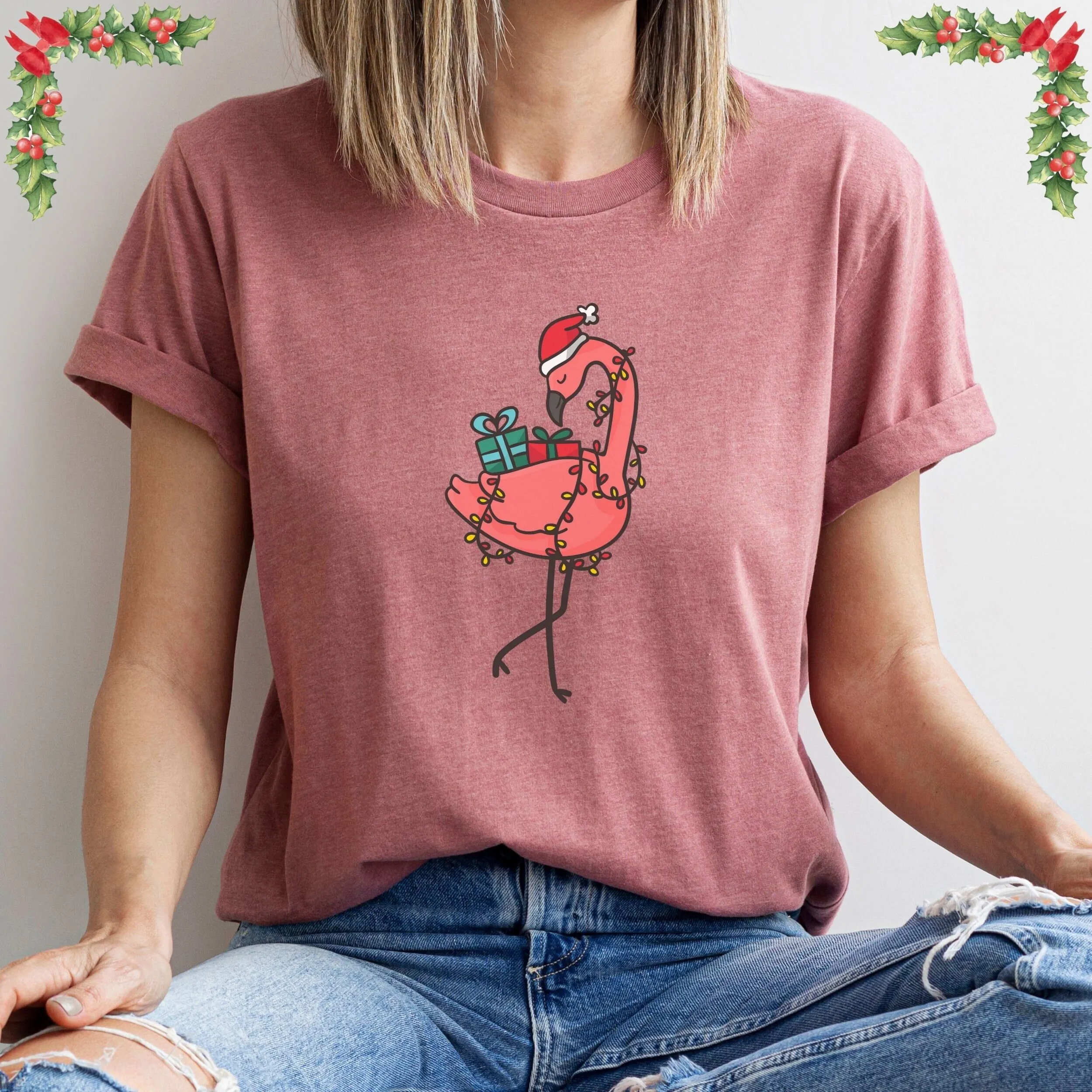 لطيف عيد الميلاد فلامنغو تي شيرت أضواء سانتا قبعة مضحك لها الوردي الاستوائية #1