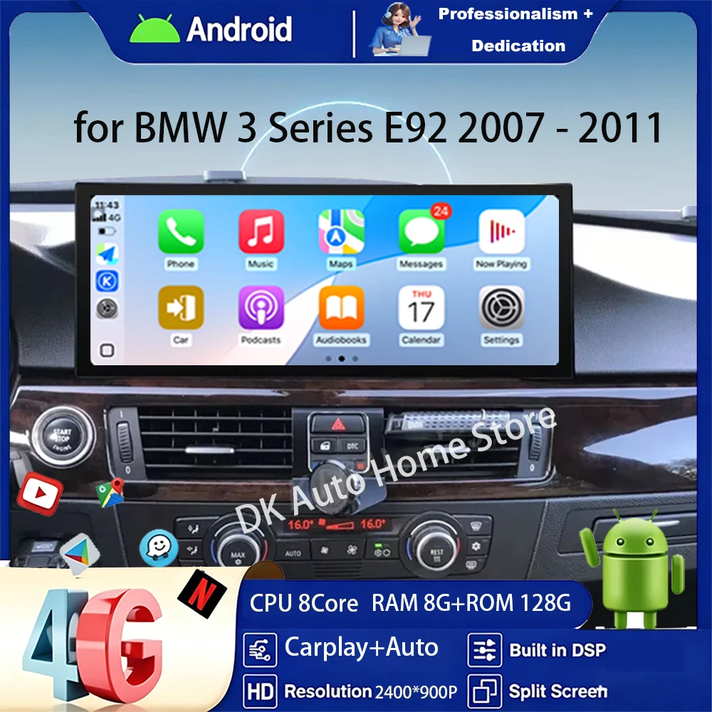 Radio multimedia para coche con sistema Android 16 para BMW Serie 3 E92 2007-2011, reproductor multimedia con GPS 4G, navegación, vídeo, Auto Carplay y Bluetooth.