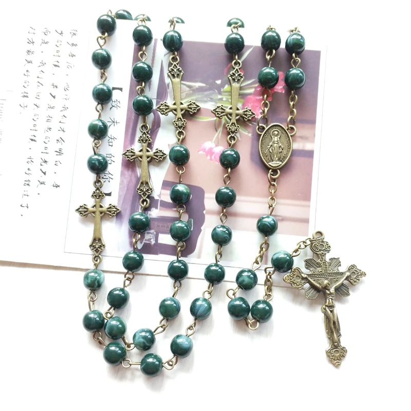 QIGO Blue Acrylic Rosary Necklace Long Cross Pendant Catholic Necklace Religious Jewelry For Men Women