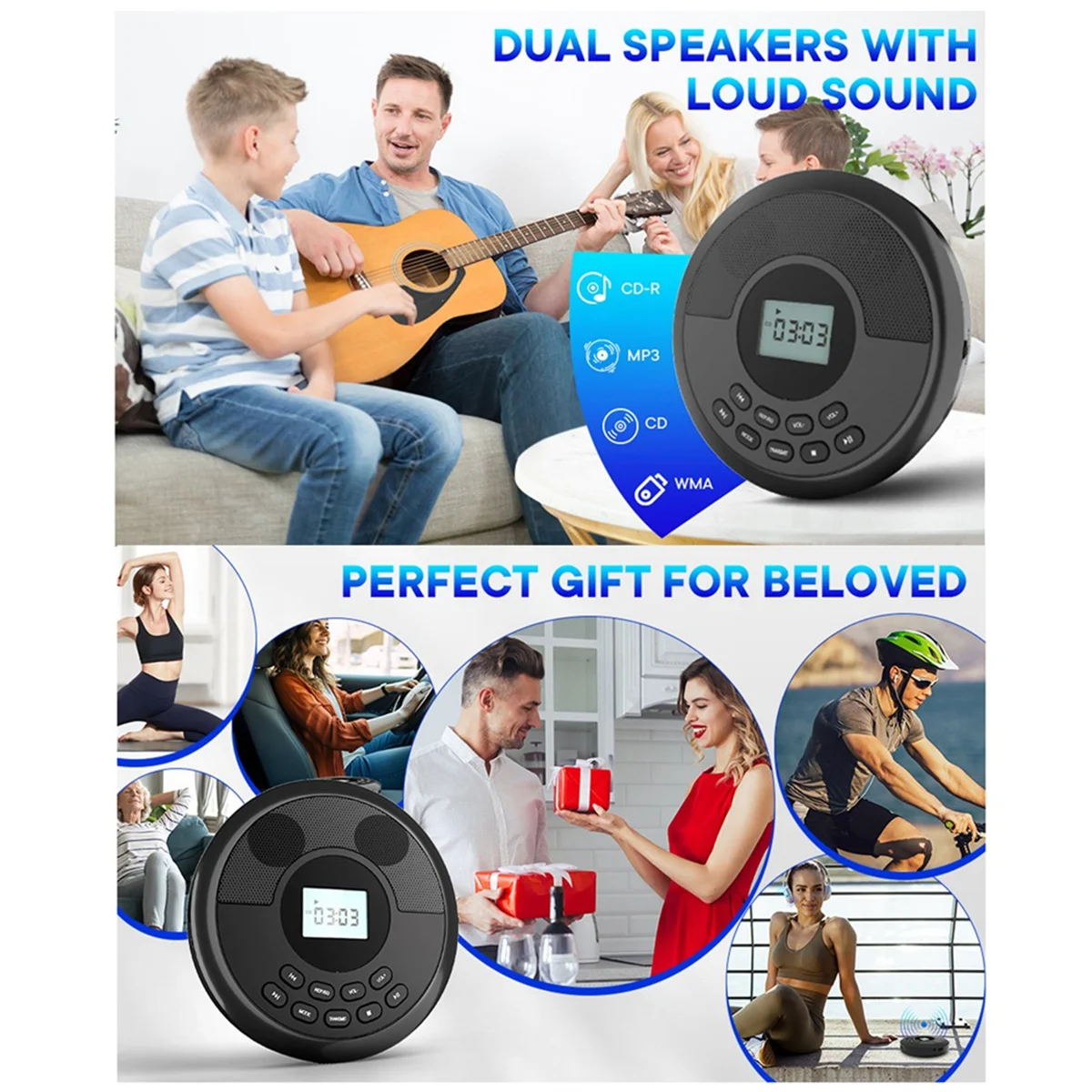 

AU47-Portable Bluetooth CD Player Rechargeable Discman with Dual Speakers and Headphones Walkman Cd Player Mp3 Player Gray