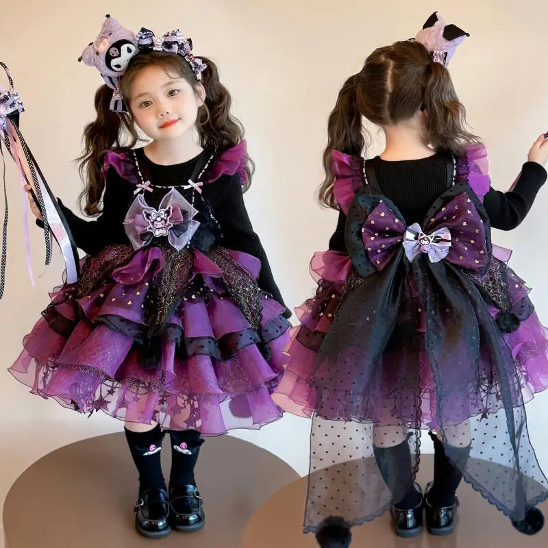 

Anime Kuromi Girls Lolita Princess Dress Layered Dress Bow Decoration Party Dress Ruffled Tutu Skirt Ball Gown Festival Gift