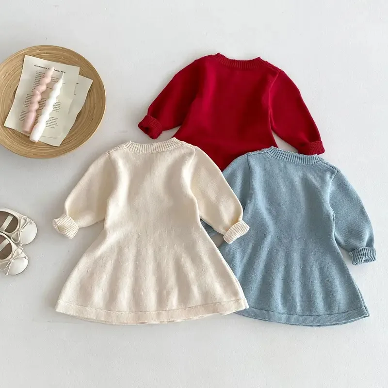 The new Korean version of the girl long -sleeved knitted dress spring and autumn girl children's knitted hoods, old baby dress