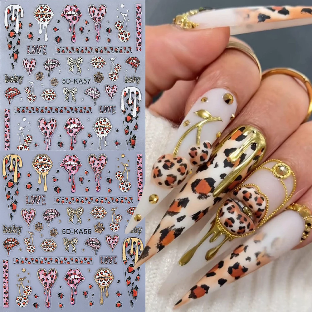 5D セクシーなヒョウの唇ネイルステッカー魅力的なちょう結びハートチェリーネイルアートデカールピンク/ゴールドバレンタインデーネイルデコレーション用品