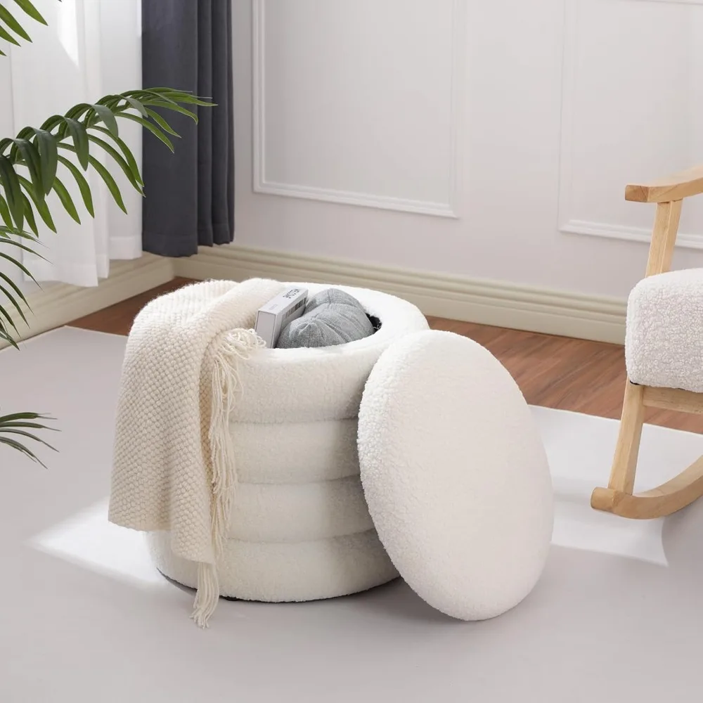 

Modern Teddy Sherpa Foot Rest for Couch, Round Ottoman with Storage, Upholstered Foot Stools Ottoman, Vanity Chair for Makeup Ro