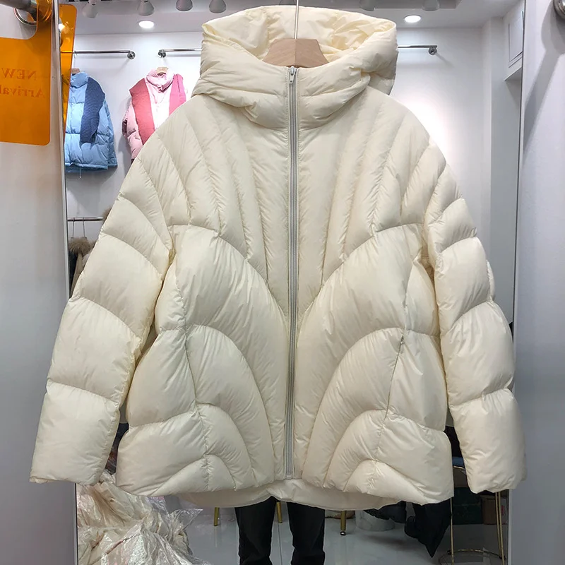 

Winter White Duck Down Hooded Cloak Down Jacket Female Solid Warm Outwears Overcoat Women Short Thick Loose Parker Down Jackets