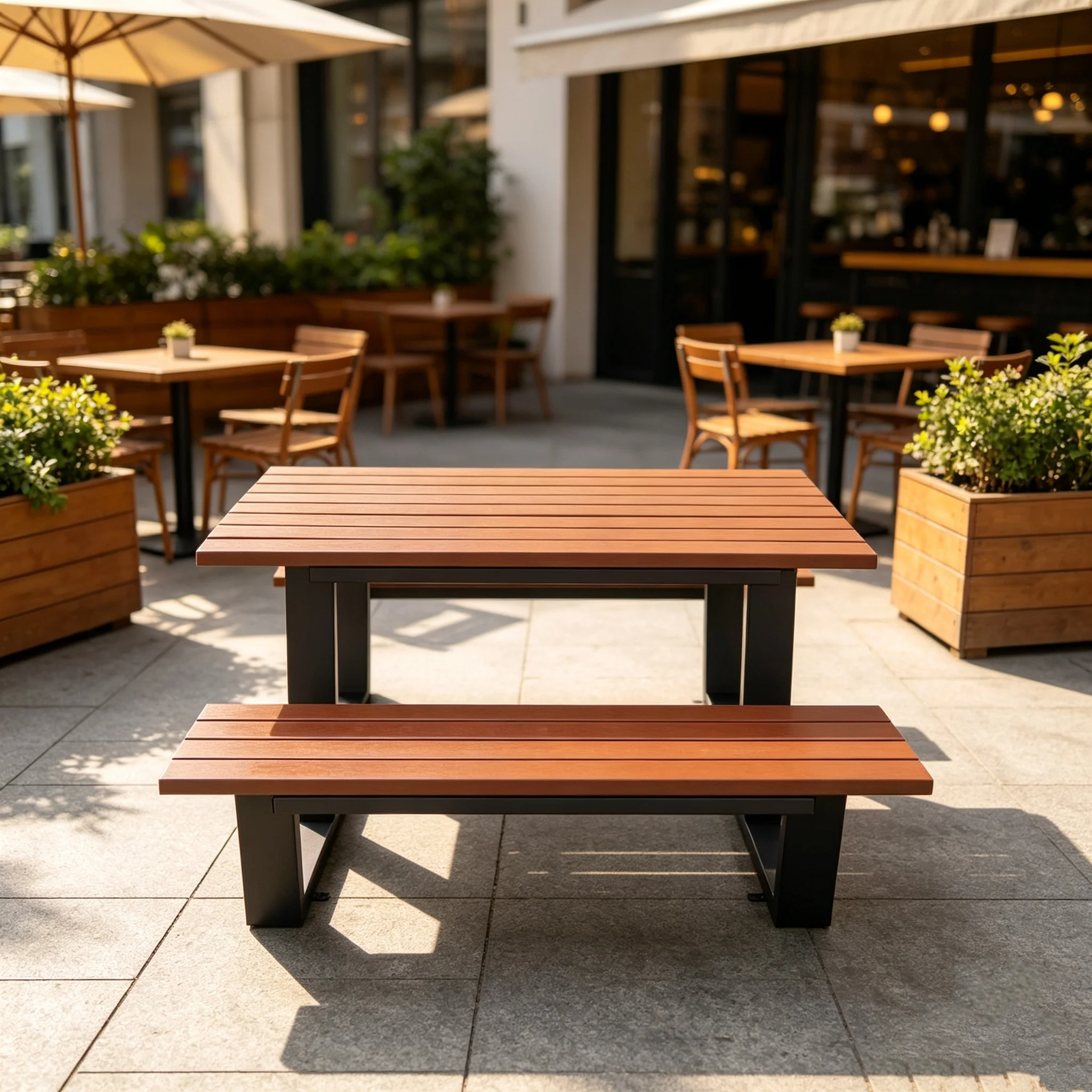 Commercial Wooden Picnic Table Bench Set Outdoor Slatted Geometric Steel Frame Garden Park Patio Dining Furniture