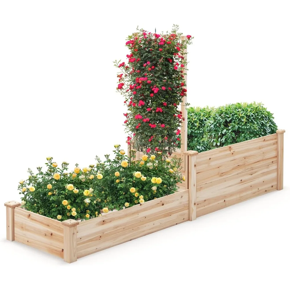 

Raised Garden Bed with Trellis, Wood Garden Box w/Open Base Design & 2 Compartments, Outdoor Wooden Planter Box Kit