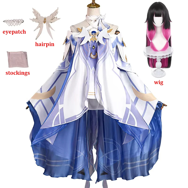 Genshin Impact Damselette Columbina Cosplay Kostüm Haarnadel Augenklappe Perücke Damen Halloween Karneval Party Kleid Outfits