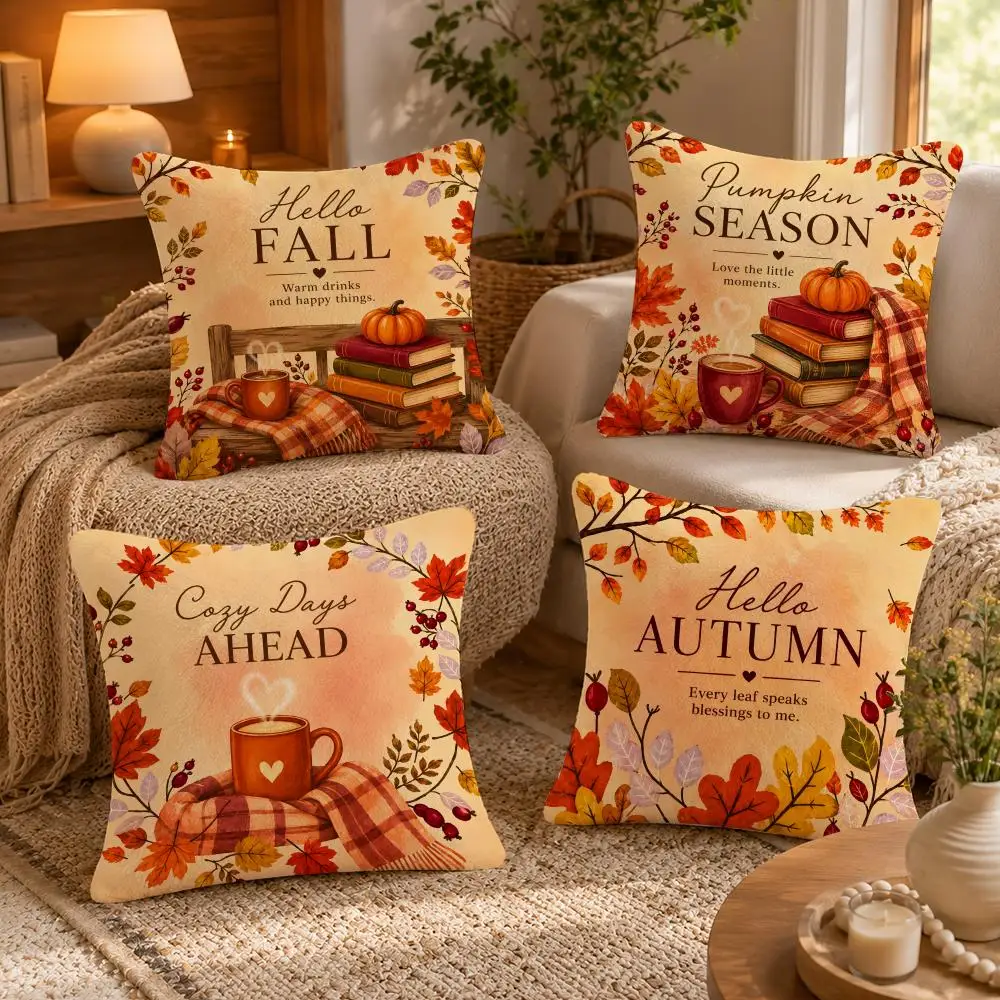 Autumn Maple Leaf Pumpkin Cushion Cover Soft Short Plush Pillow Case Double Sided Print Washable Sofa Bed Home Decor Gift