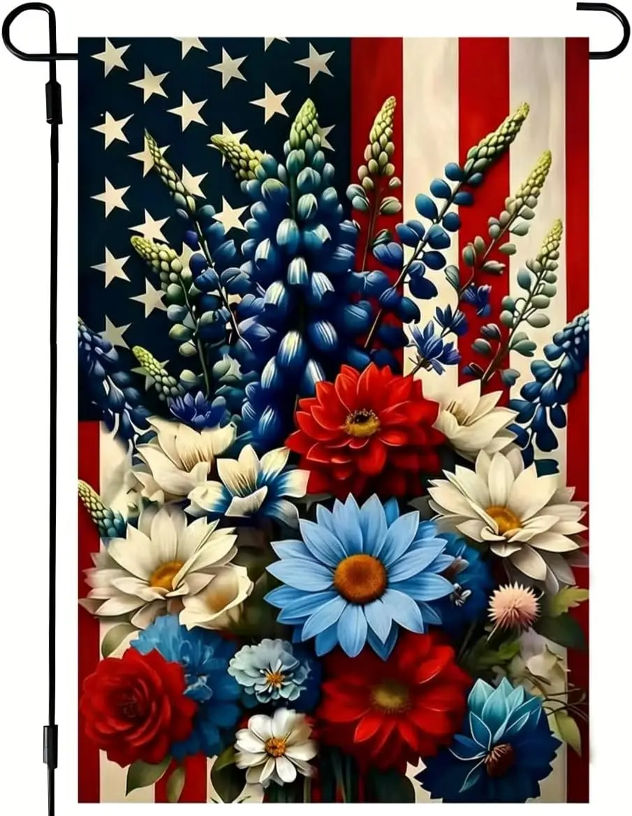 4th of July Patriotic Garden Flags for Outside 12x18 Double Sided | Small Burlap Memorial Day Independence Day Floral Yard F llp