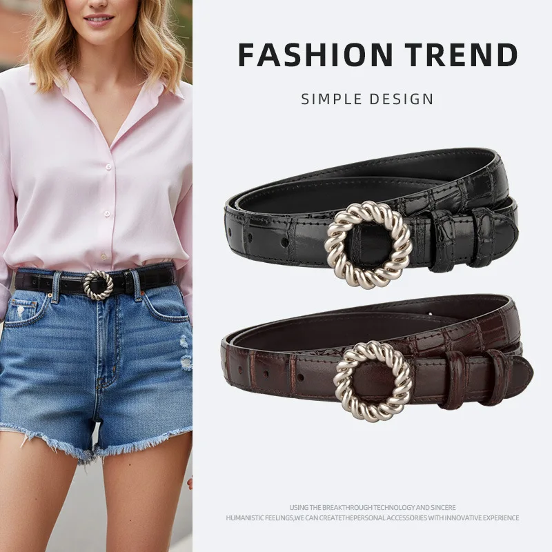 Retro Silver Round Button Crocodile Pattern Genuine Leather Belts for Women,Jeans Shirt Suit temperament Decorative Pants Belt