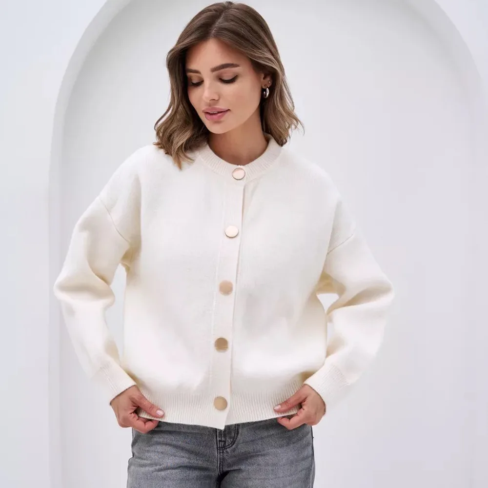 

Autumn Winter Sweater Top for Women Casual Style Simple Versatile Pure Color Knitted Open Cardigan Coat Loose round Neck
