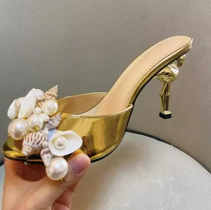 

Designer Shells and Pearls Embellished Gold Flamingo Heels Sandals Bird Strange High Heel Slingbacks Woman Slipper Party Shoes