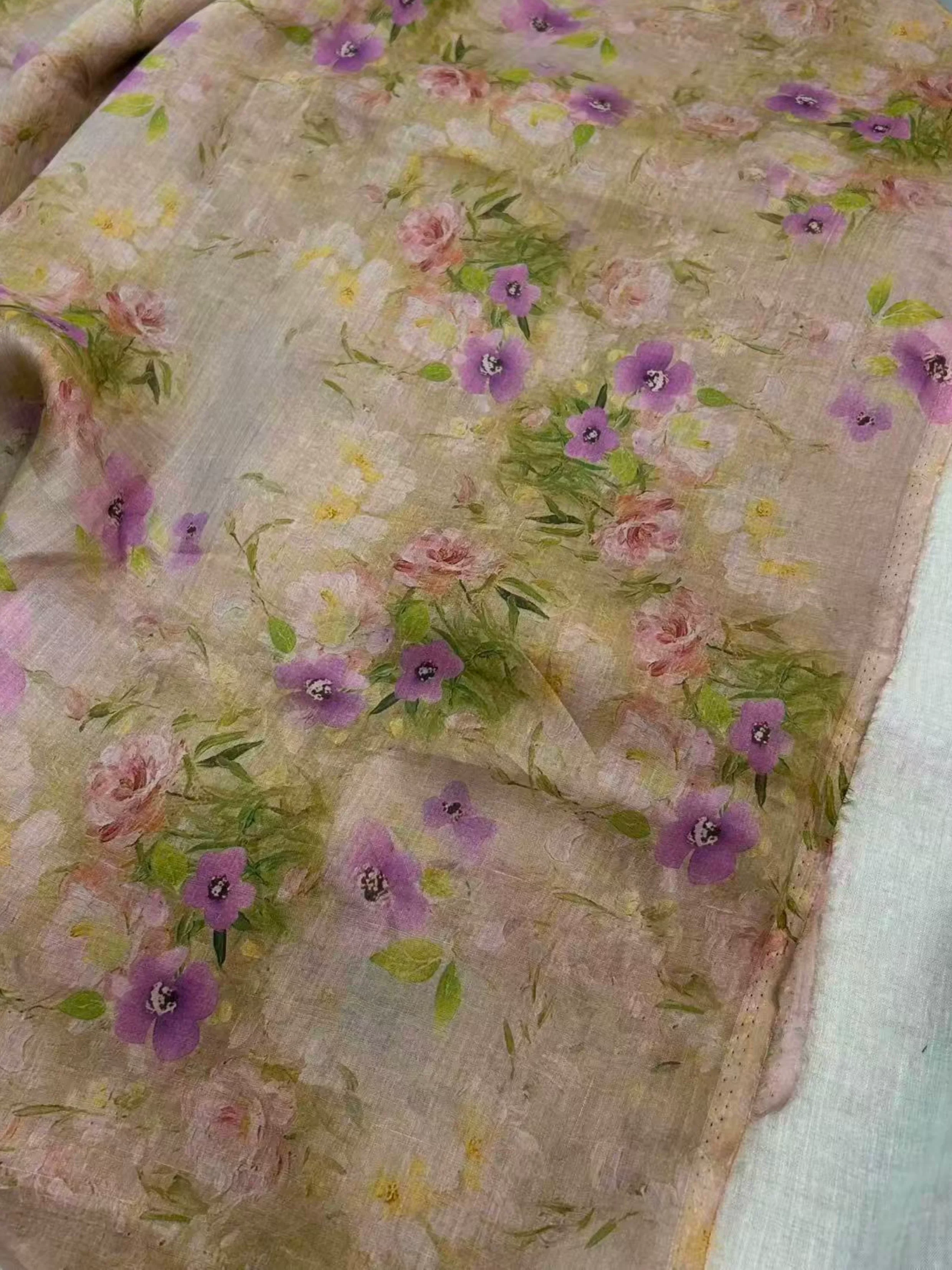 1yard Pink Purple Rose Dyeing ramie fabrics,skirt,robe fabric for clothing