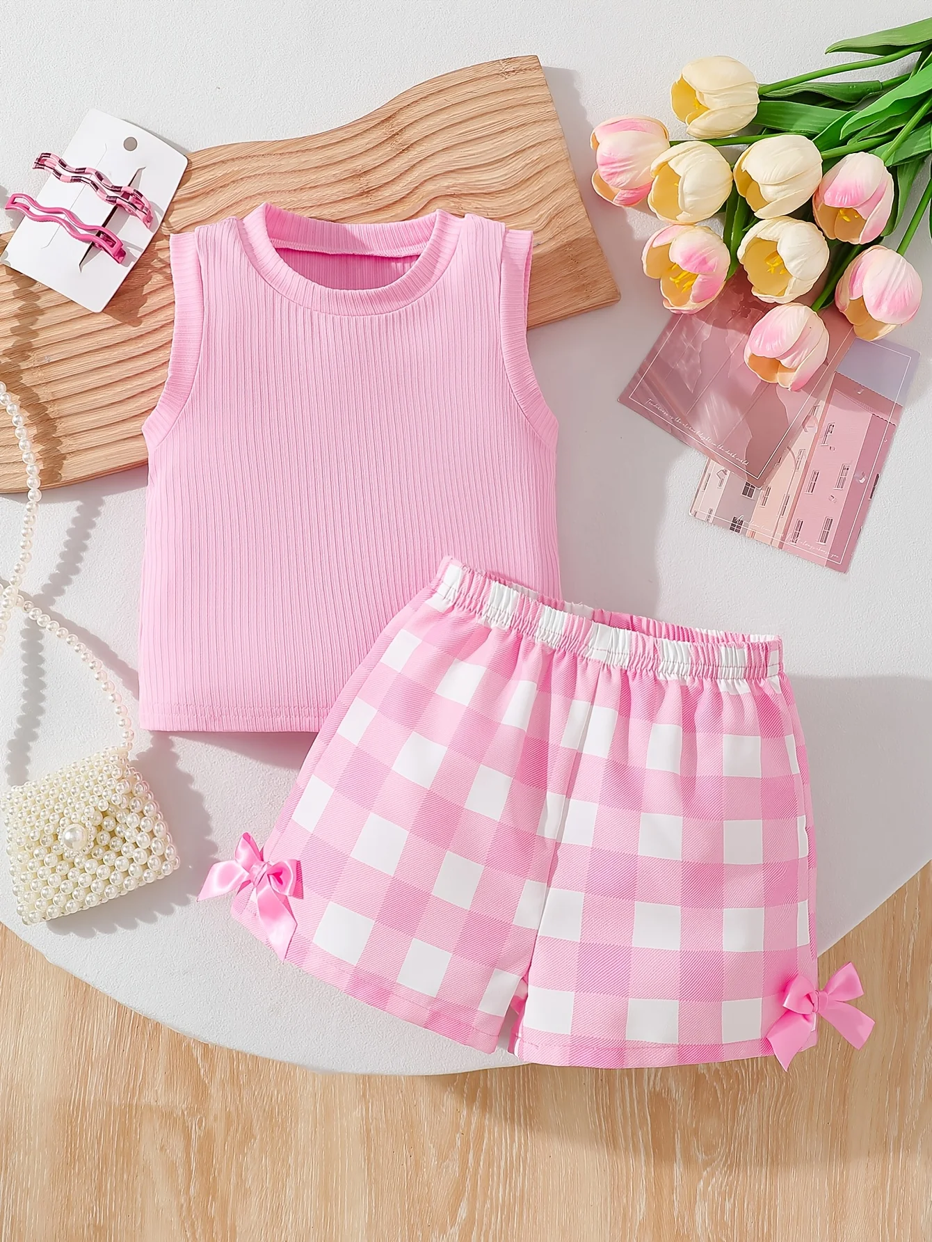 

Летний комплект для девочек: розовый топ + шорты в клетку с бантом | Подарок на День святого Валентина / День рождения