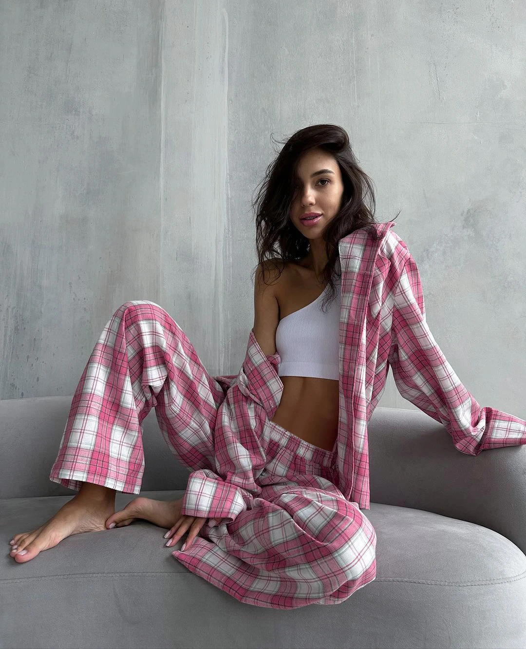 2024 2 Piece Set Outfit Female Pink Plaid Pants Suits Two Pieces Women Lattice Shirts High Waist Wide Leg Pants Two Piece Set