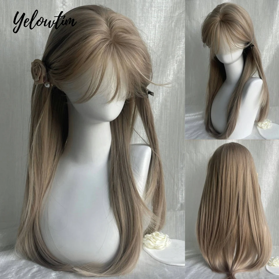 

Long Silky Straight Synthetic Wigs with Bangs Blue Gray Cosplay Party Lolita Hair Wigs for Women Natural Heat Resistant Wig LM
