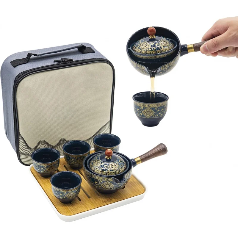 

Porcelain Chinese Gongfu Tea Set | 360° Rotation Maker & Infuser | All-in-One Portable Bag for Travel/Office/Home