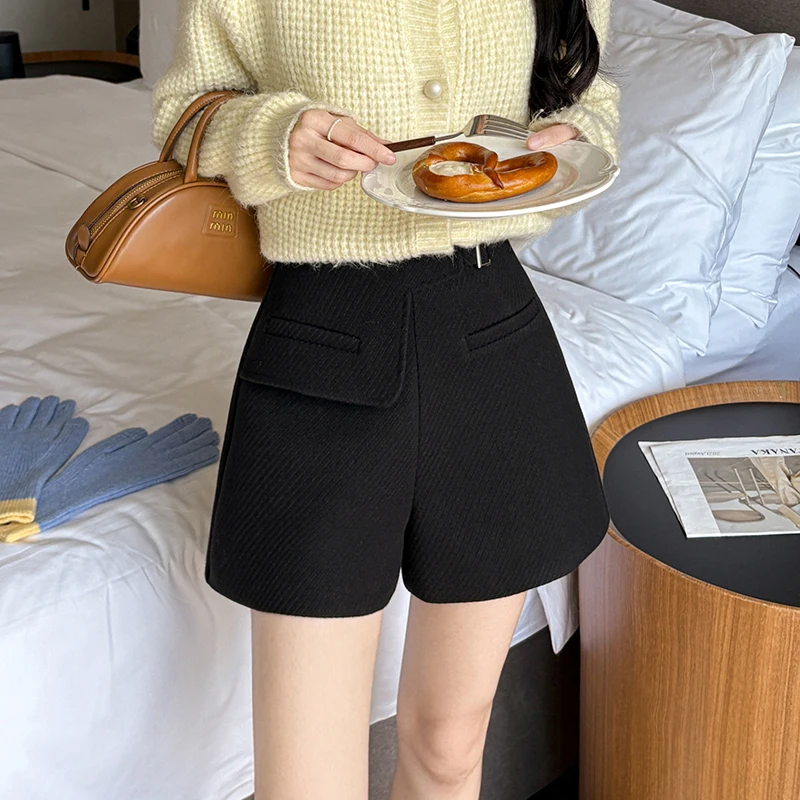 Autumn Winter High Waist Woolen Women's Wide Leg Shorts Solid Korean Casual A-line Short Pants Pockets Female