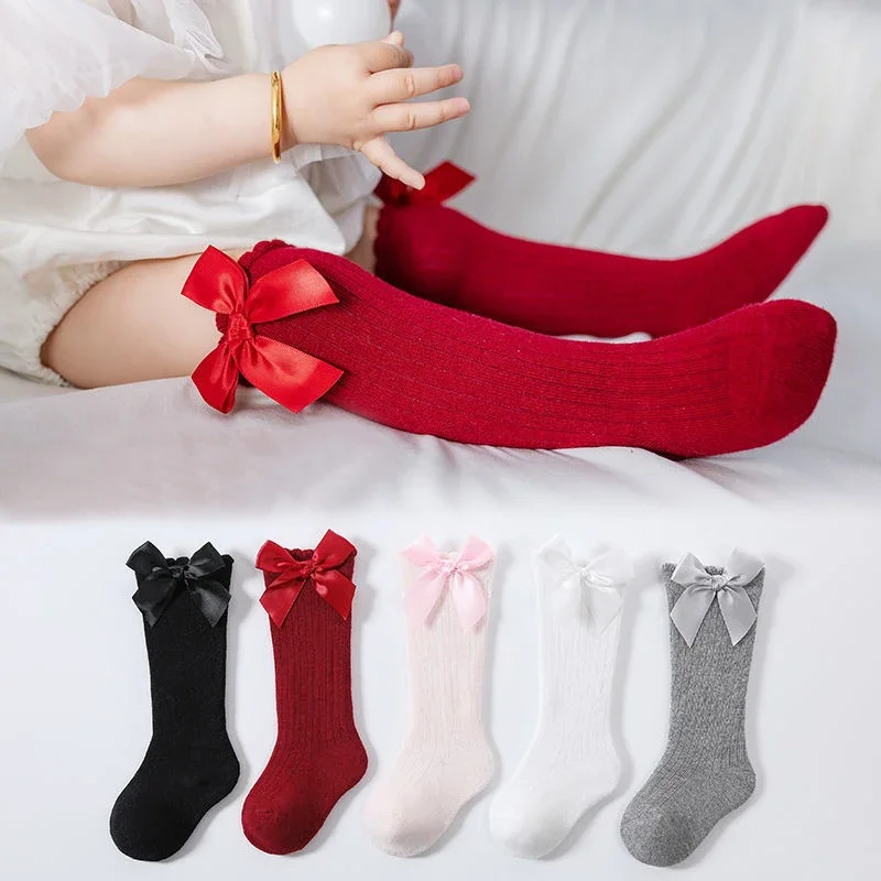 Sweet Princess Baby Girls Socks Cute Big Bowknot Newborn Infant Long Socks Solid Color Toddler Kids Knee High Socks
