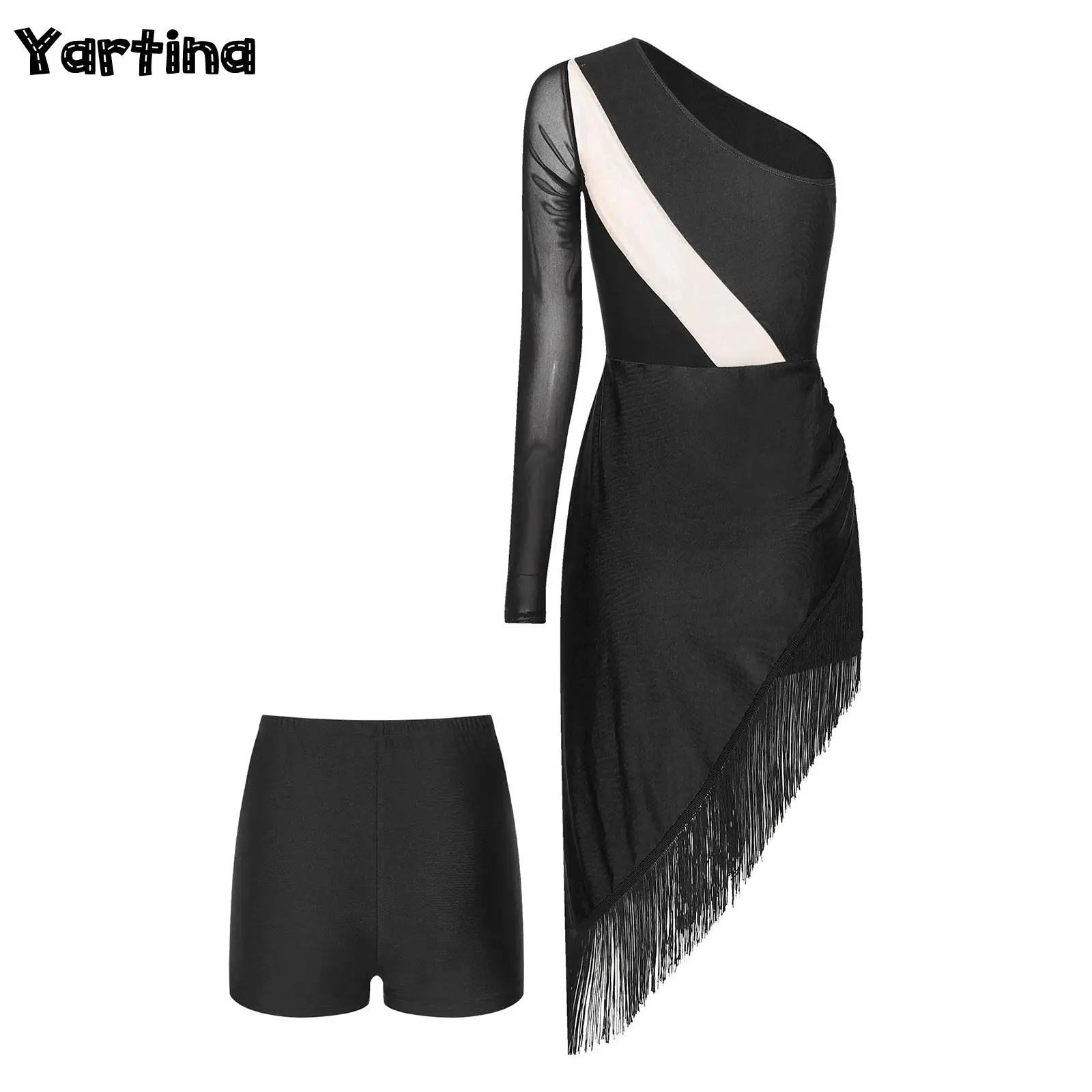 Womens Shiny Rhinestones Tassel Latin Jazz Dance Performance Costume Salsa Tango Ballroom One Shoulder Fringe Dress with Shorts