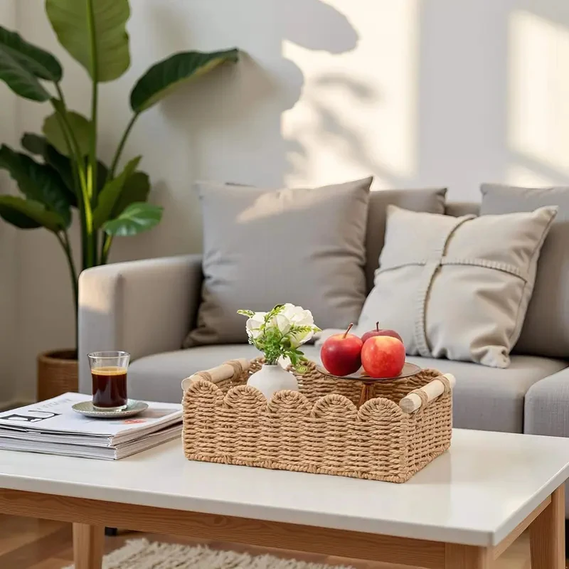 Paper Rope Scalloped Edge Toilet Paper Storage Basket Home Decor for Over Toilet Storage Shelf End Table Shelves 2 Wooden Handle