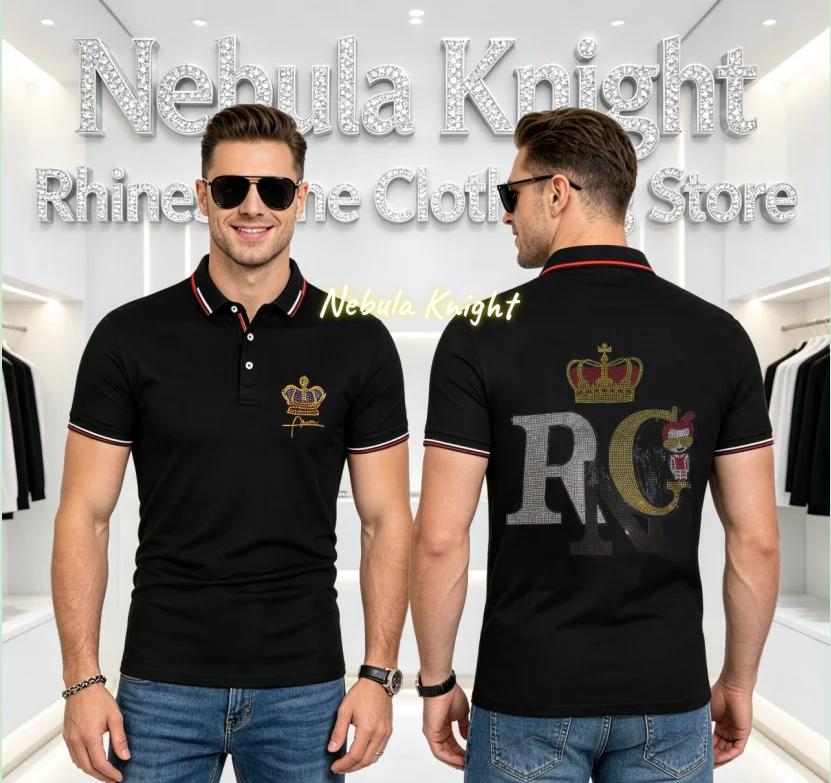 Men's Summer Casual Short Sleeve Polo Shirt Rhinestone Diamond Detail Breathable Fashion Daily Top