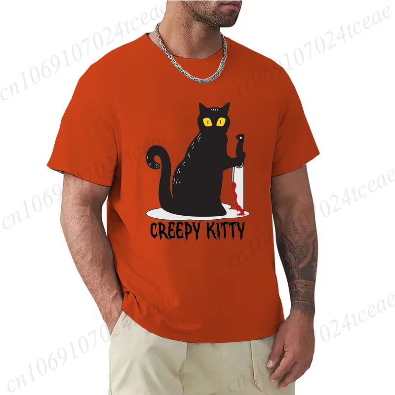 

Рубашка Creepy Kitty на Хэллоуин, забавный черный кот с ножом, мужские и женские футболки, жуткий осенний пуловер, футболки, страшная футболка на Хэллоуин