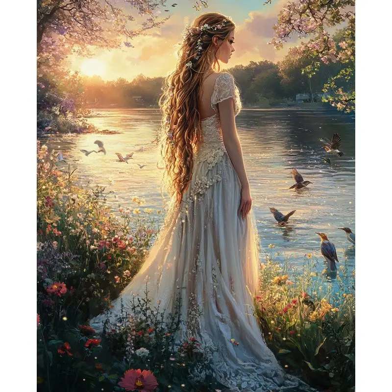 

PhotoCustom Diy Painting By Numbers Woman By The Lake Kits Paint By Numbers On Canvas Landscape Art Home Decor
