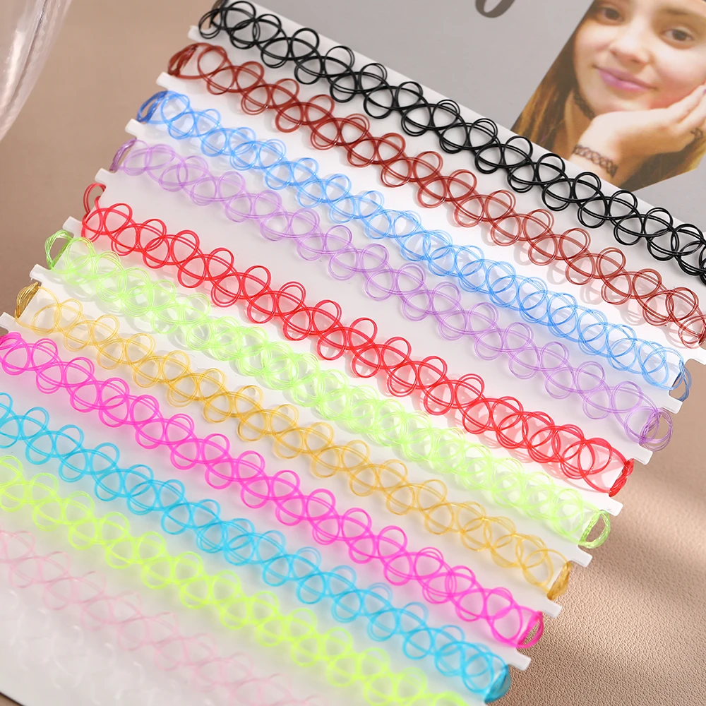 DIY 12PCS Collar elástico tipo gargantilla estilo vintage hippie con efecto tatuaje, colores surtidos, tipo hilo de pescar