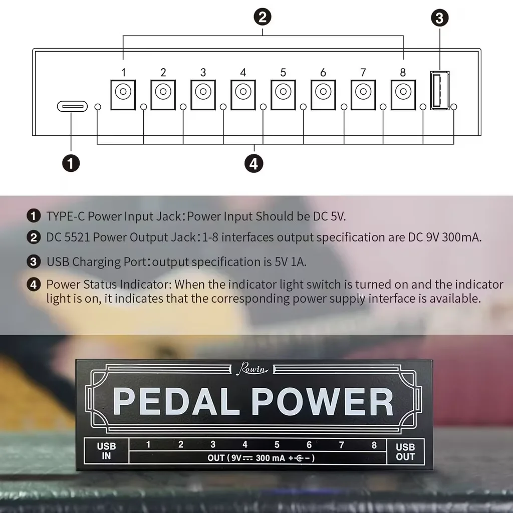 ROWIN Effektpedal-Netzteilquelle, 8 isolierte DC-Typ-C-Eingänge, Ausgänge, 5 V, USB-Ausgang, 9 V, 300 mA, Schutz für Gitarrenzubehör