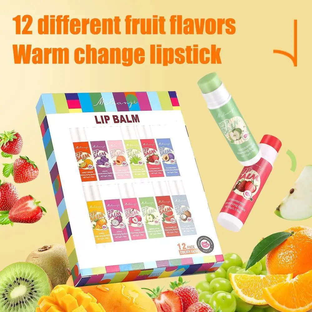 

12pcs/Set Fruits Lipstick Sets Moisturizing Lip Balm Kit Orange Grape Aloe Strawberry Brightening Hydrating Lips Skin Care