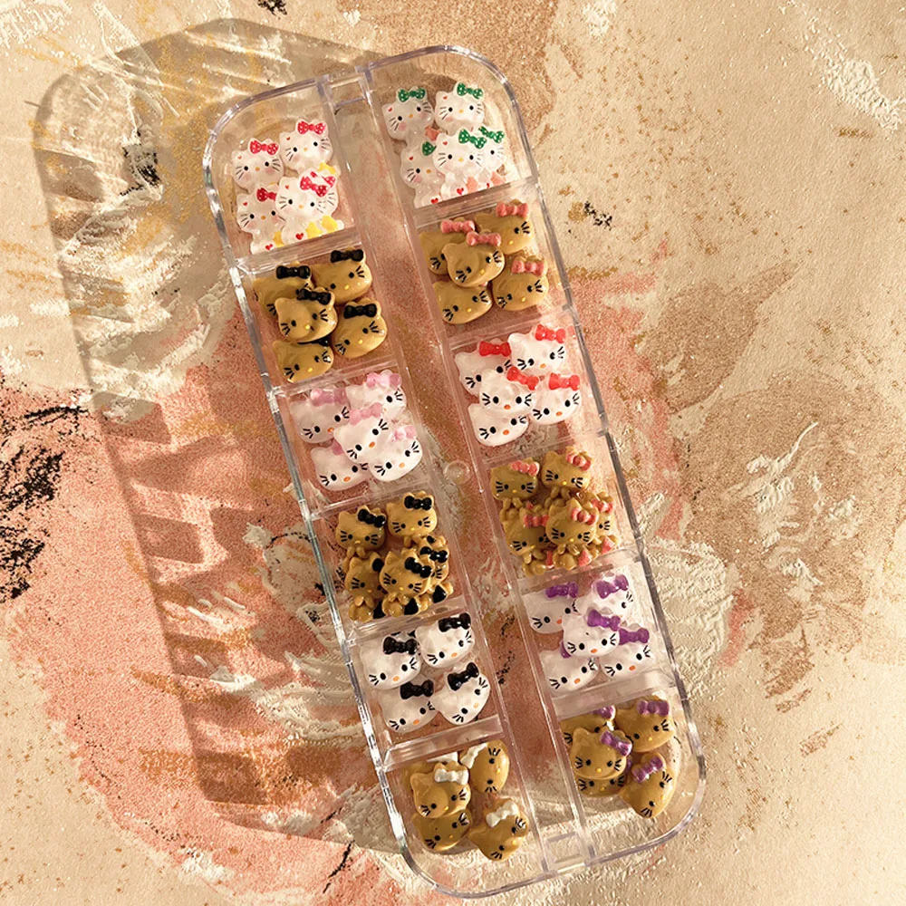 1Box Tanning Hello Kitty Nail Art Charms 72Pcs Mixed Resin Kawaii Summer Black Skin Hello Kitty Nail Decorations Manicure Parts