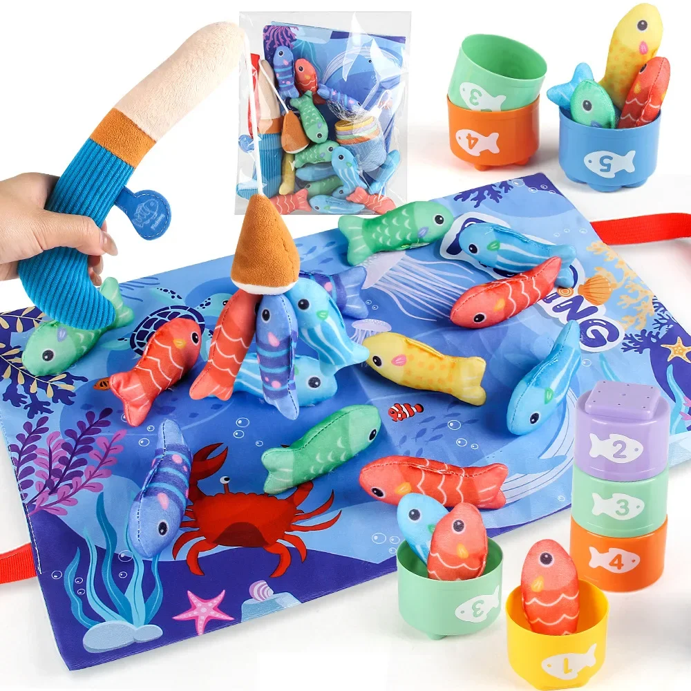 Montessori Toy for Todders Cloth Fishing Game with Stacking Cups Color Sorting Early Education Toy Number Counting Math Toy Gift