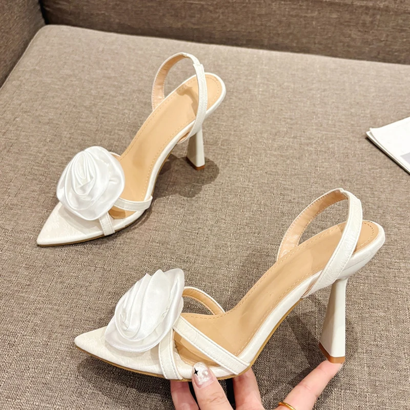 Zapatos Mujer Sandals Women Red High Heels Wedding Prom Shoes Summer Fashion Silk Rose Flowers Pointed Open Toe Back Strap