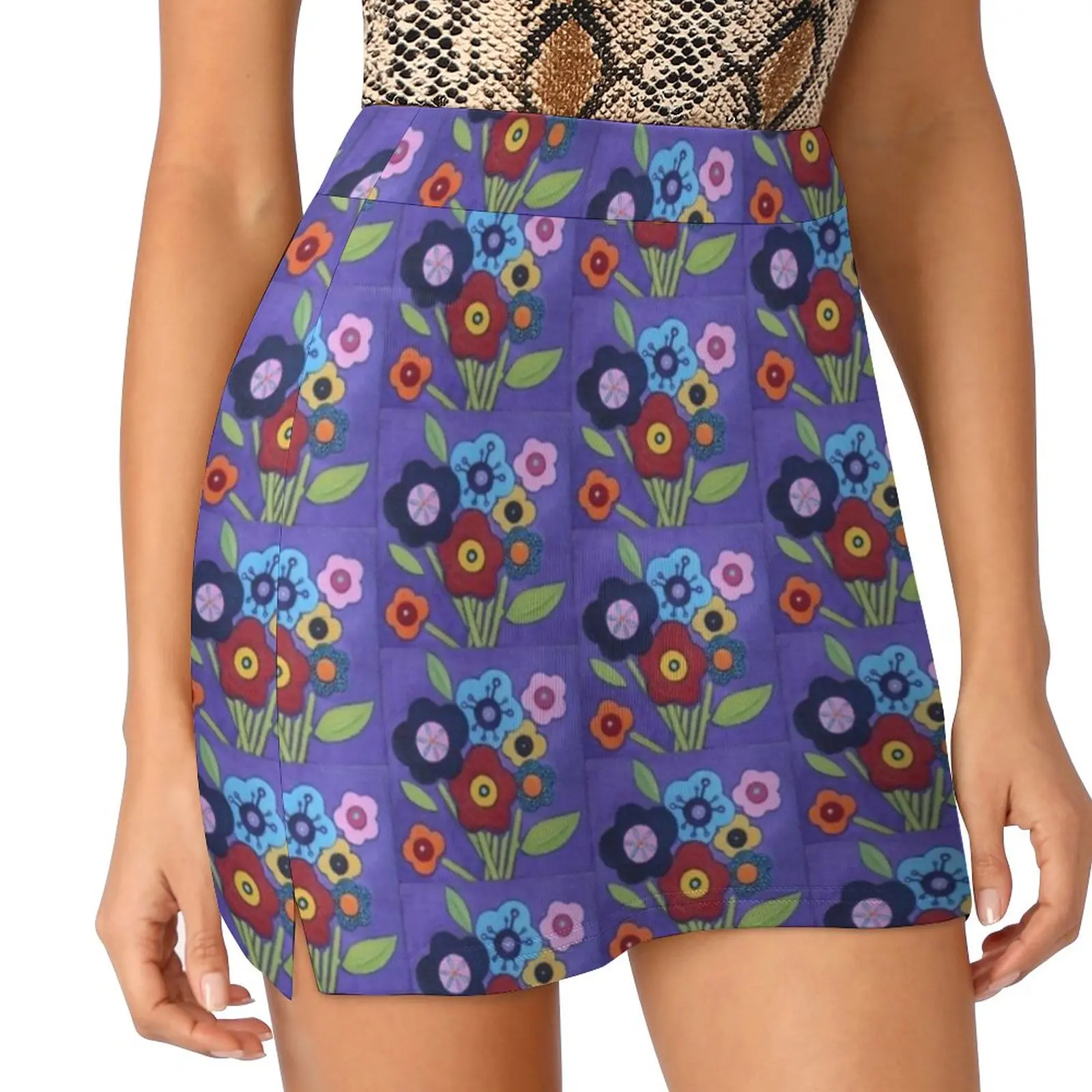 Ode To Mary Quant Women's skirt Mini Skirts A Line Skirt With Hide Pocket Flowers Daisies Mod Purple Blue Red Pink