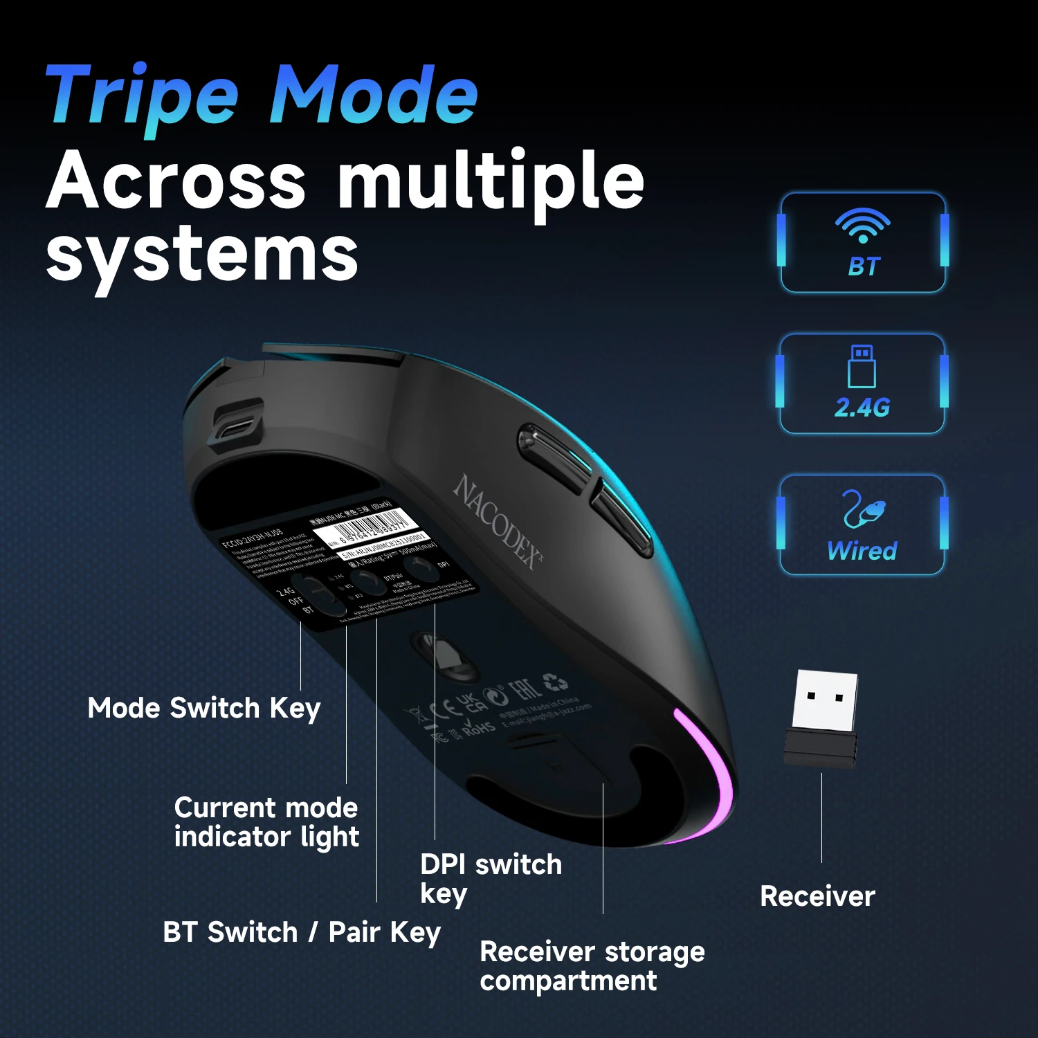 AJAZZ NJ08 MC PAW3311 Wireless Three-Mode Mouse Type ABS 24000DPI 300mAh RGB 1000Hz for Gaming/Office Use/Windows/Mac