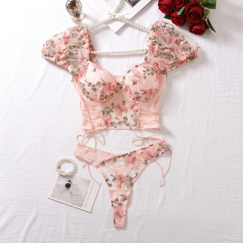2025Модное сексуальное женское белье, прозрачный топ с цветочной вышивкой в стиле пэчворк, топ с объемными рукавами, комплект из двух предметов на косточках