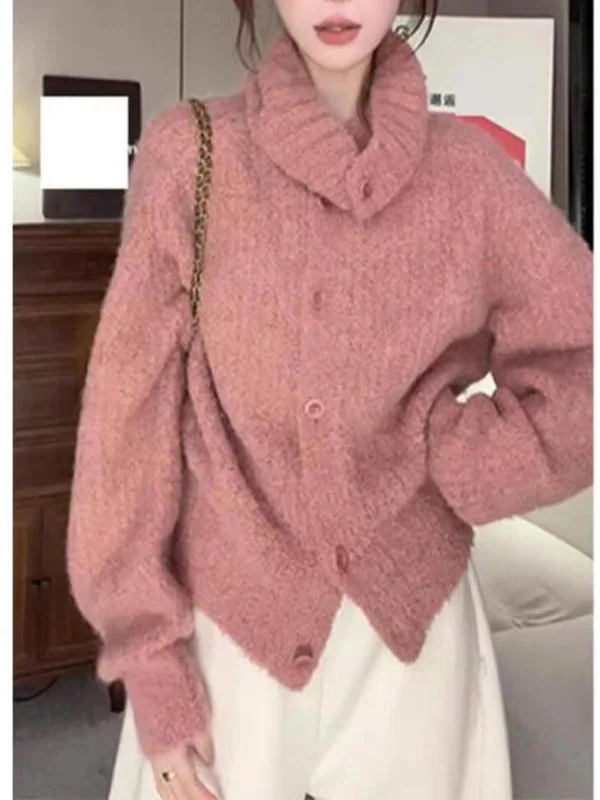 

Korean Sle High Ne Pink Knitted Sweater Women's Loose Comfortable Knitwear Spring New Arrival Soft Warm Faionable Top