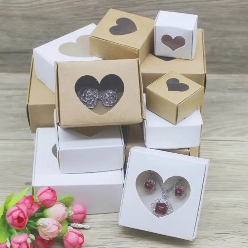 50Pcs Multi Sizes Kraft Paper Box With Heart Window Jewelry Display Cases Candy Small Gift Packaging Boxes For Party Decorations