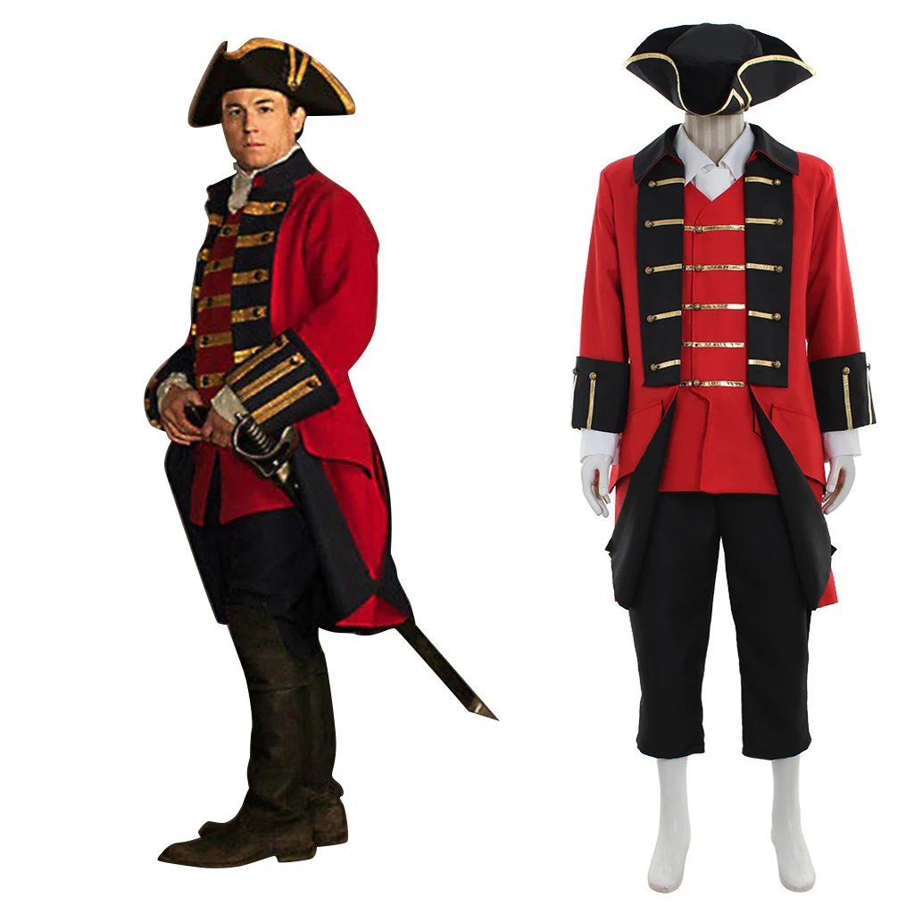 

TV Outlander Jonathan Randall Cosplay Costume Red Colonial Period Military Soldier Jacket Suit With a Hat Halloween Party Suit