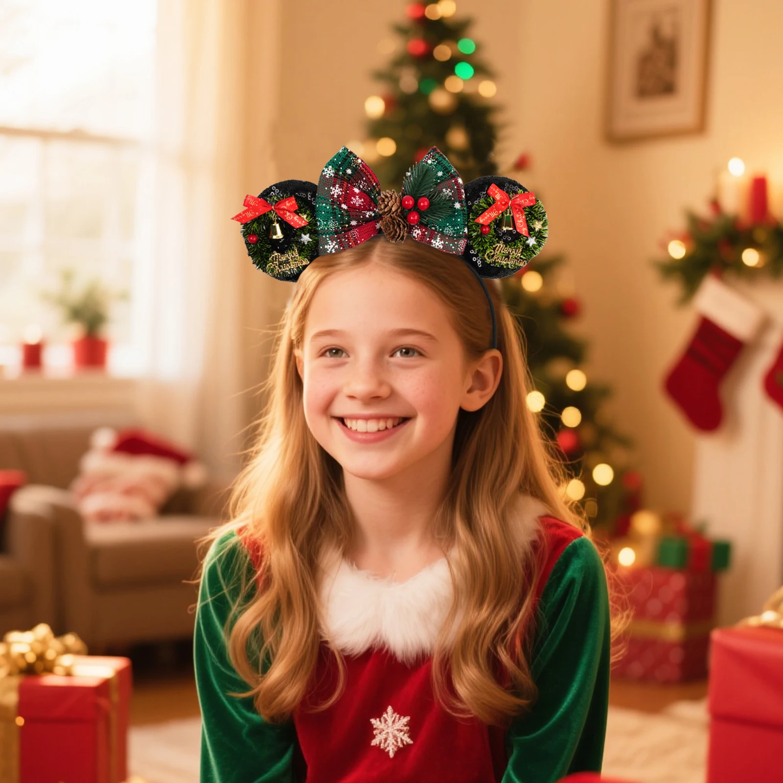 2026 Weihnachts-Haarreif mit Glocken- und Tannenzapfen-Dekoration, Mickey-Mouse-Ohren-Haarreif, Party- und Feiertagsgeschenk für Eltern und Kinder, Haaraccessoire – Detail 3