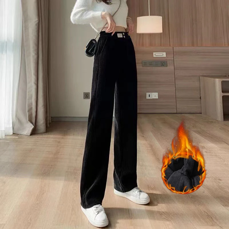 Winter Corduroy Lace-up High Waist Wide Leg Pants Ultralight Velveteen Line Casual Baggy Pantalones Korea Classic Women Spodnie