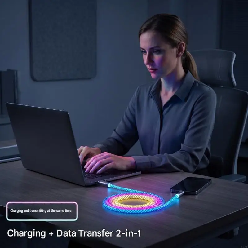 Multicolor USB-A to Type C Charging and Data Cord, 66W Capacity with 480Mbps Transfer and Automatic Light Color Change K1KF