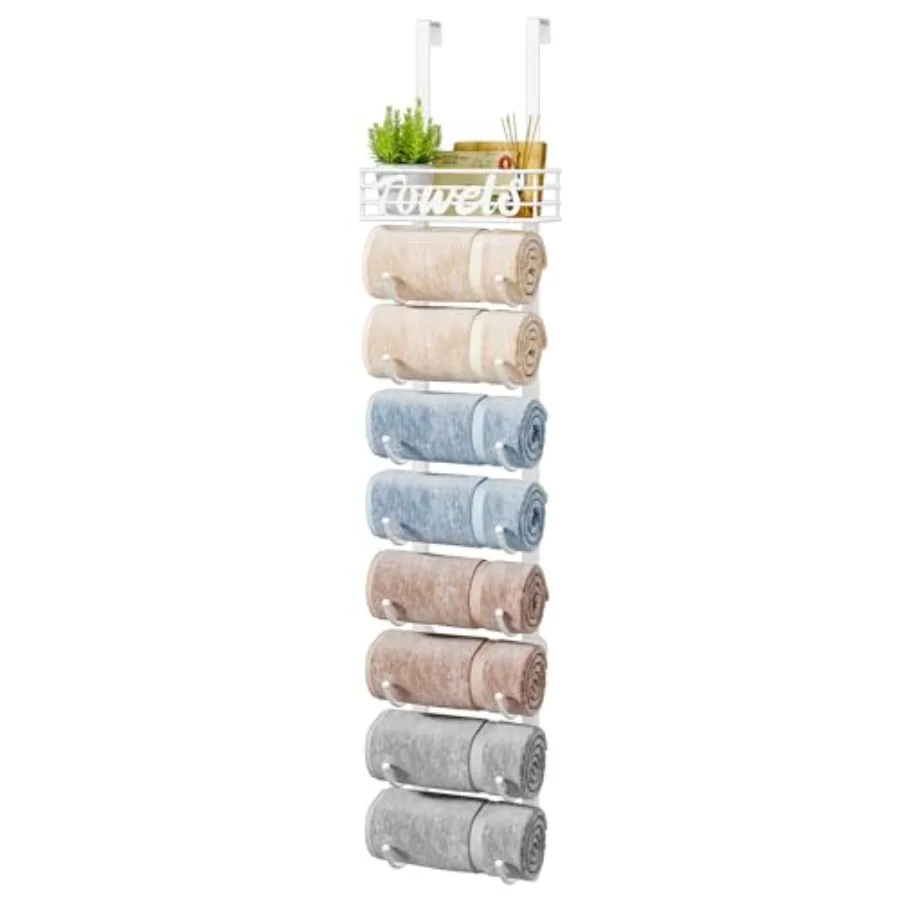 

Towel Racks for Bathroom Storage - 9 Tier Over The Door and Wall Mount Rolled Towel Storage Organizer Holder with Metal Shelf B