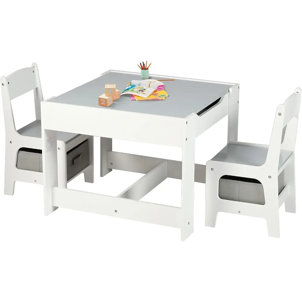 King Kids Wood Table & 2 Chairs Set, 3 in 1 Children Activity Table, Removable Tabletop, Blackboard, Toddler Furniture Set