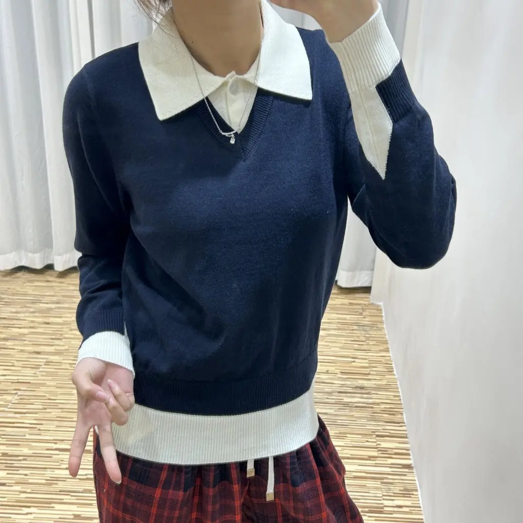 

Nanyou Haute Couture Women's Polo Collar Sweater French College Style Early Spring New Fake Two-Piece Wool Sweater Tops