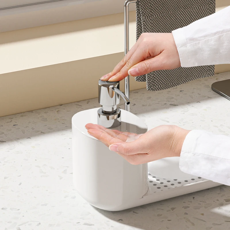 

Three-in-One Kitchen Manual Press Soap Dispenser with Sponge Holder Cloth Rack And Draining Tray Dish Soap Pump for Sink Counter