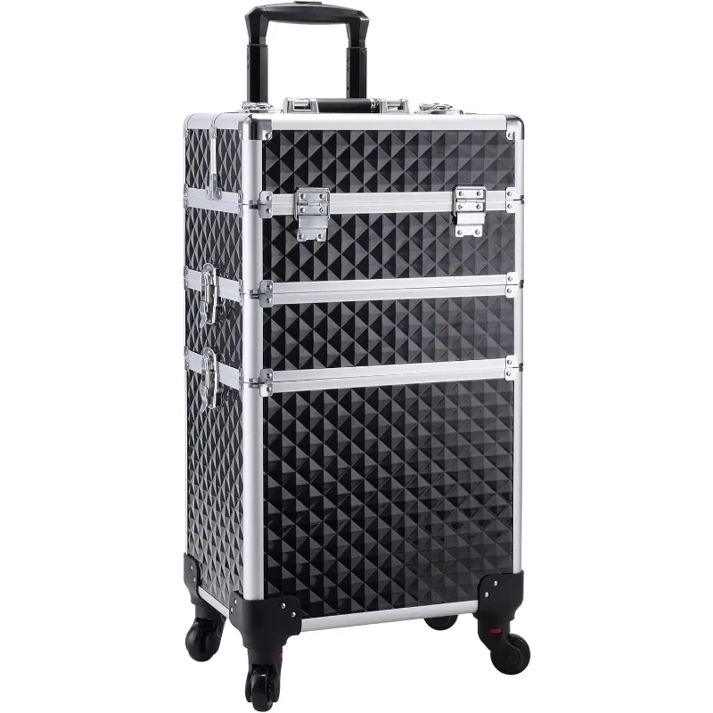 

3 in 1 Professional Rolling Makeup Train Case Aluminum Trolley Case with 360° Rotation Wheels for Makuep Artist Cosmetic